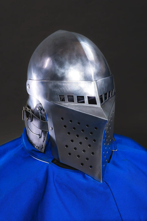 Buhurt helmet with blue aventail, front view